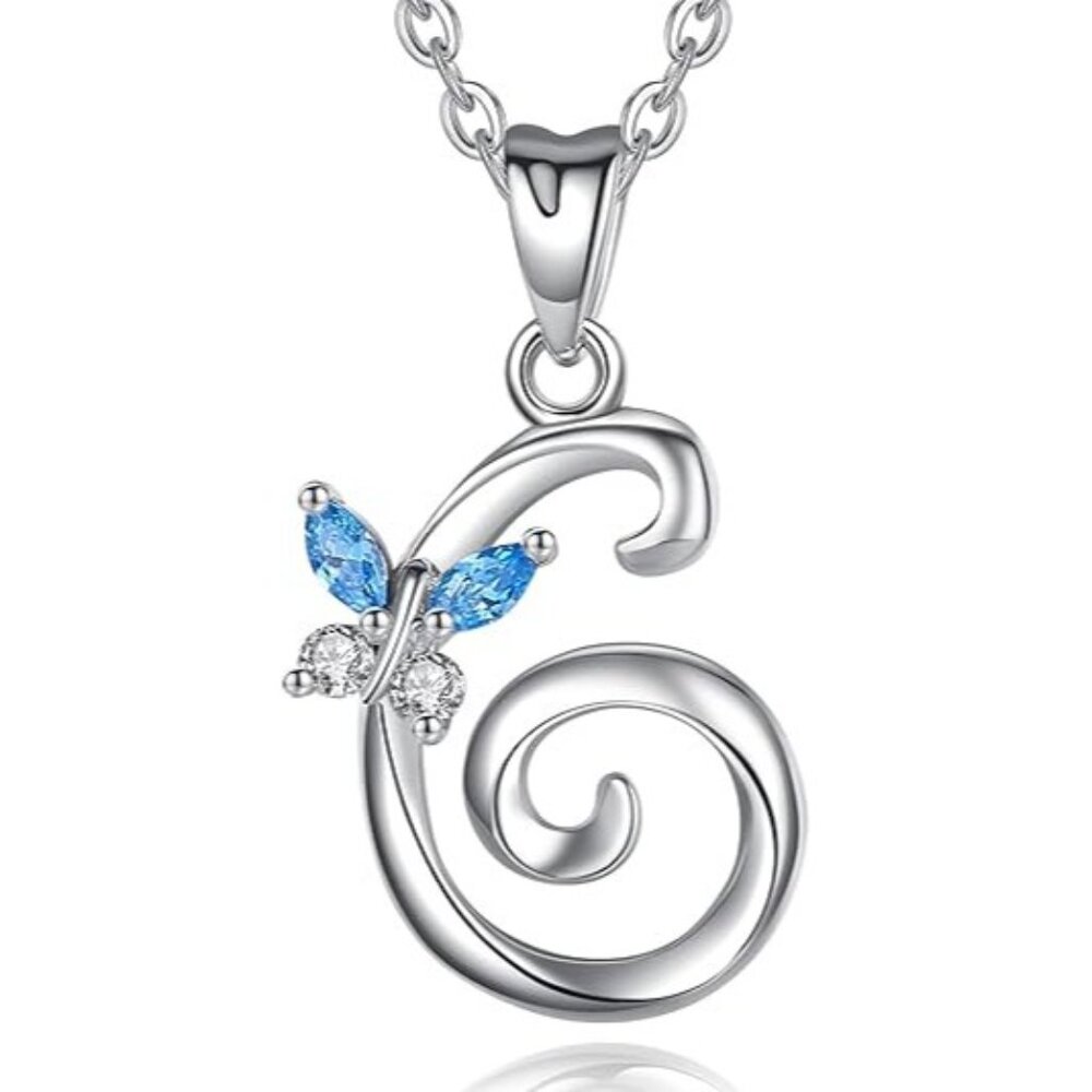 Letter G Silver Butterfly Initial Elegant Necklace 18"